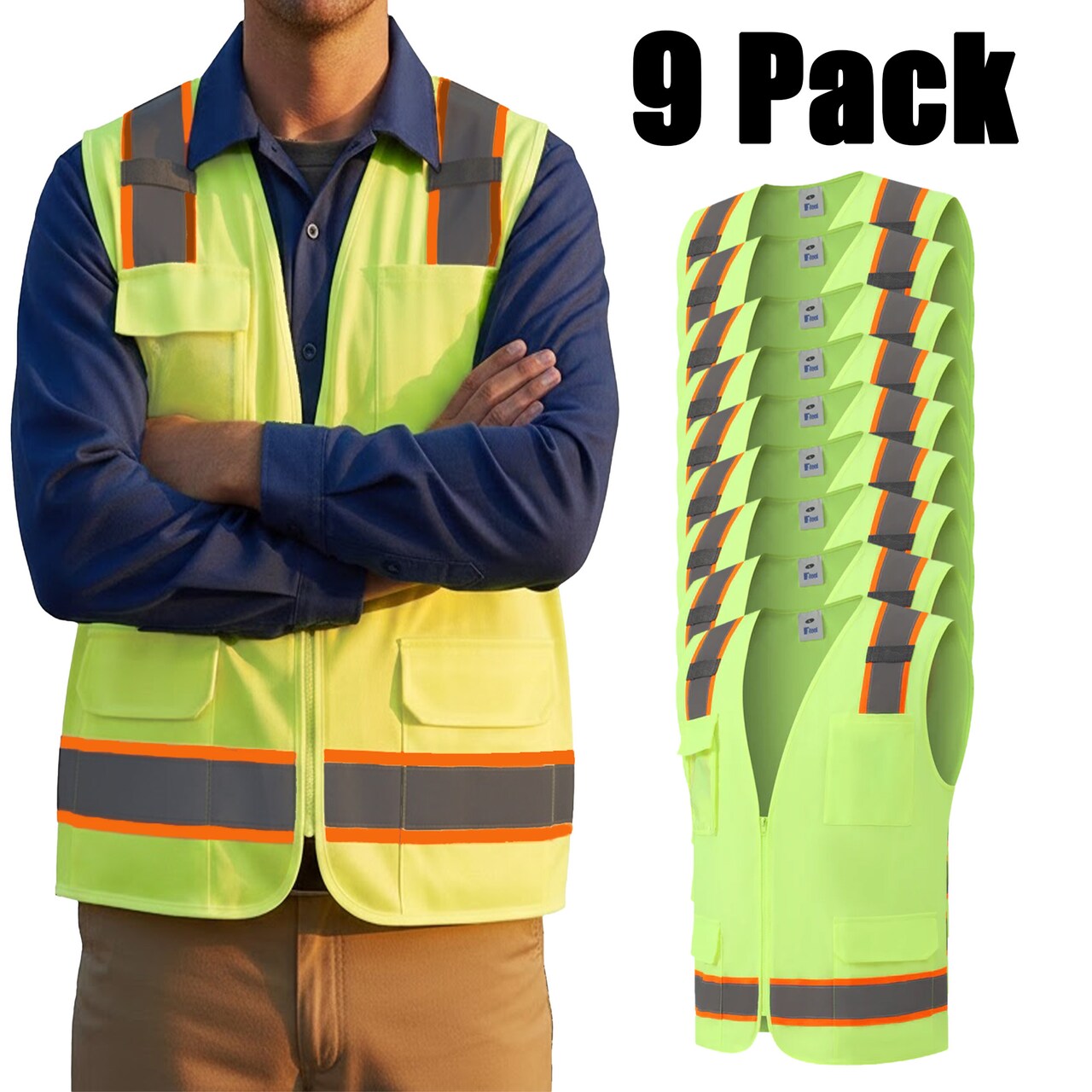 Zfeel ZF304 Safety Vest – Eco-Friendly Polyester, Zip Front, Mesh, Multi-Pocket, Neon Hi-Vis, 9-Pack